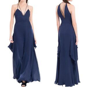 Leon Max 100% Silk Strappy Split Skirt Evening Maxi Gown Women's 12 Navy NWT